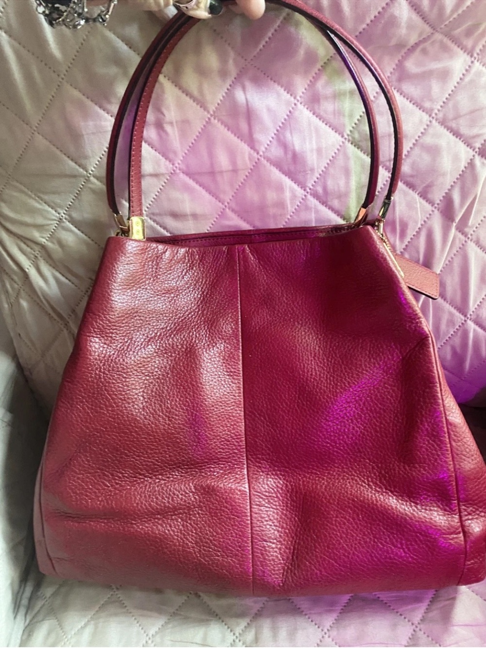 Coach Madison Phoebe Shoulder Bag in Cherry Red Pebble Leather has 3 sections